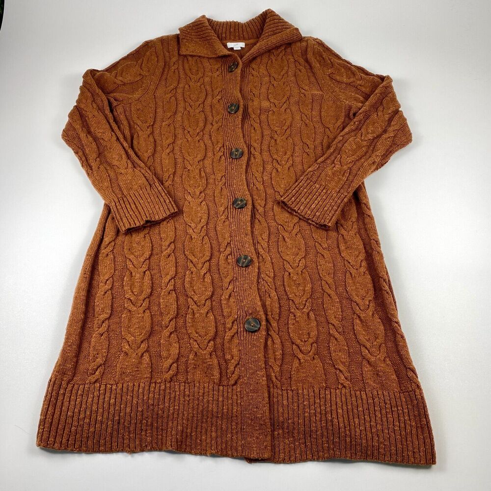 J.Jill Womens Cable-knit Cardigan Button Up Duster Sweater Auburn Sz Medium Wool